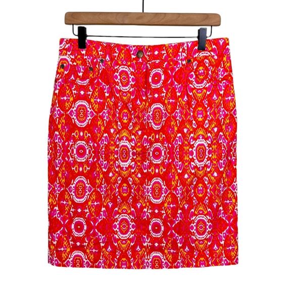 Jones New York NWT Orange Hot Pink Ikat Print Soft Denim Pencil Skirt - Picture 2 of 8